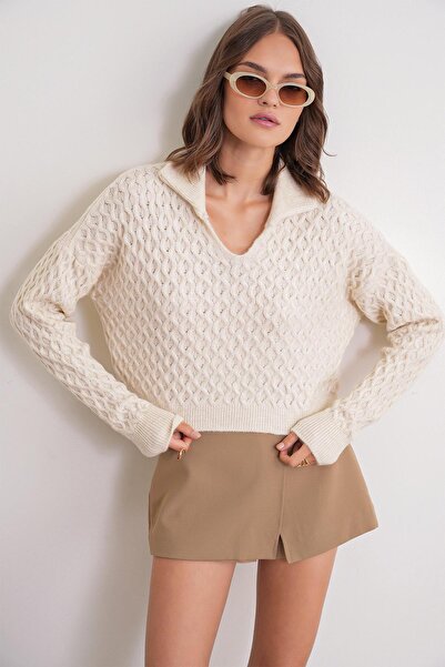 Mixray 6896 Жіночий в'язаний детальний кроп-светр з трикотажу, натуральний