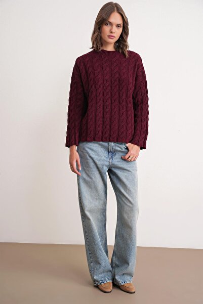 Mixray 6973 Women's Braided Regular Basic Knitwear Sweater Burgundy