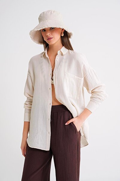 Mixray 3833 Women's Oversize Pocket Muslin Shirt Natural