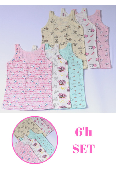 DK İÇ GİYİM Girls' T-Shirt with Thick Straps and Patterned Set of 6