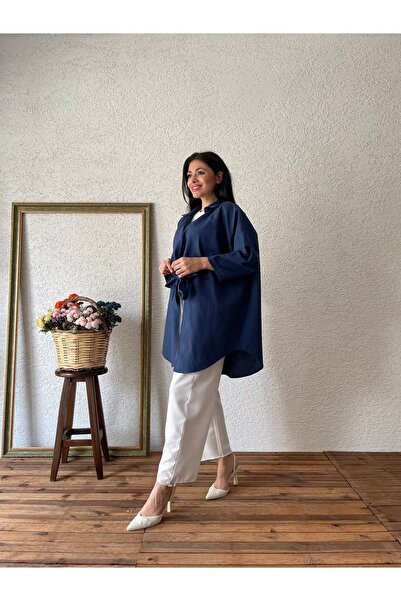 KÜÇÜĞÜM BUTİK Navy Blue CasualPoplinShirt - Front Tie Collar