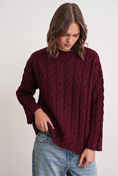 Mixray 6973 Women's Braided Regular Basic Knitwear Sweater Burgundy