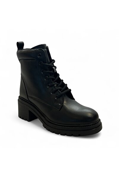 Asya Kadın Siyah Topuklu Fermuarlı Bağcıklı Postal Bot