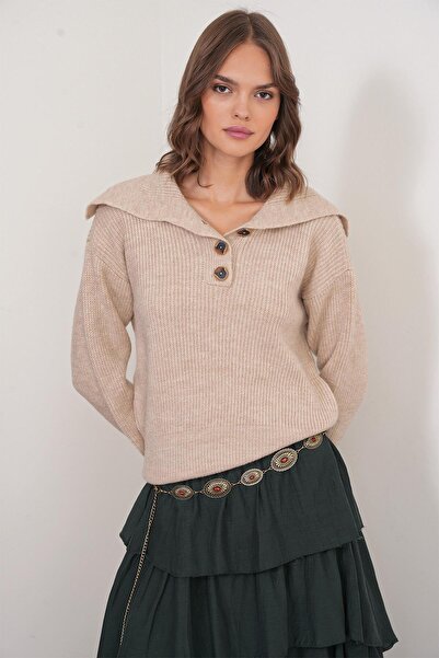 Mixray 6900 Model Beige Women's Knitwear Sweater - Buttoned and Turn-Down Collar