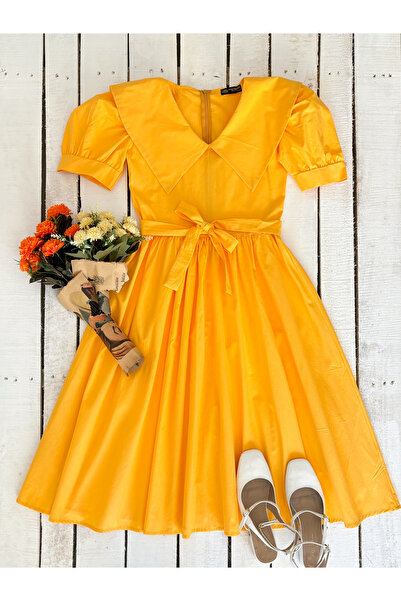 KÜÇÜĞÜM BUTİK Sarı Büyük Yakalı Poplin Kloş Elbise