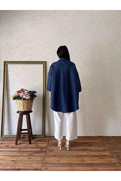 KÜÇÜĞÜM BUTİK Navy Blue CasualPoplinShirt - Front Tie Collar