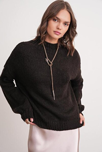 Mixray 6700 Kadın Dik Yaka Balon Triko Kazak Kahve