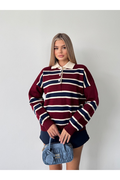 BEJNA Women's Burgundy Polo Neck Striped Knit Sweater