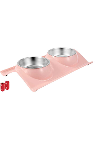 FizioTab Castron Hranire cu 2 Boluri Inox, FizioTab® – Pentru Caini de Talie Mica si Pisicute, Roz