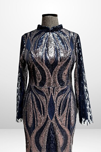 By Saygı Women's Stand Collar Sequin Embroidered Lined Plus Size Long Dress