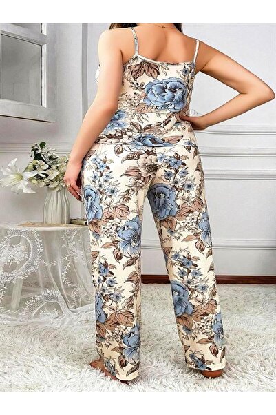 Motto10 butik Motto10Boutique Large Size Blue Floral Pattern Thin Strap 2-Piece Satin Pajamas