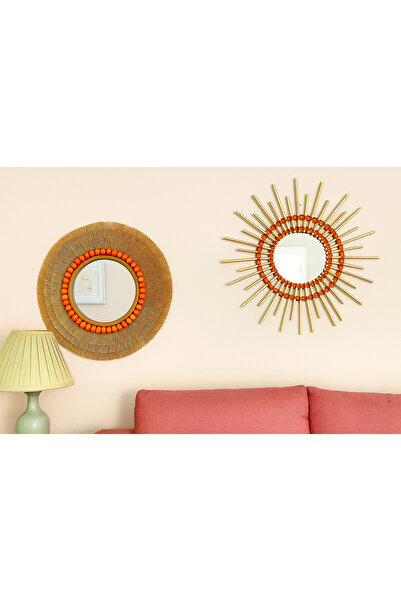 Boncukafası Tasarım Hasır Jüt Ayna 30 Cm Ve Bambu Turuncu 35 Cm Duvar Aynası ...