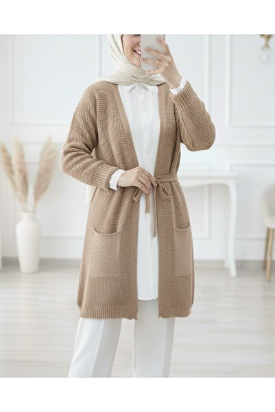 Modamorfo Lace-Up Solid Color Knitted Cardigan - Mink