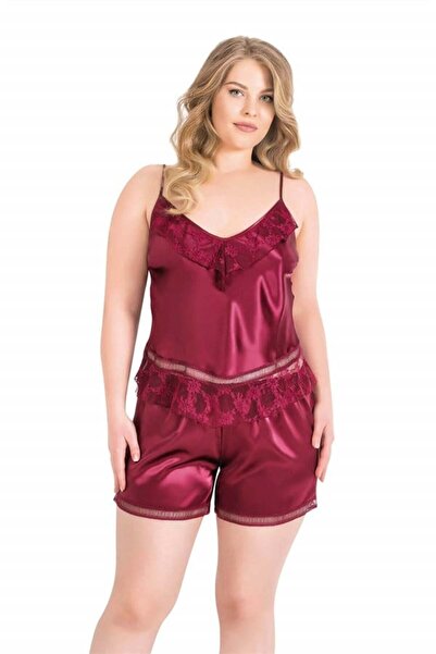 CHI'LA Collection Set de pantaloni scurți Babydoll din satin burgundy de mări...