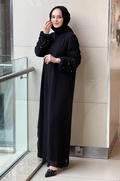 GİZAY Gizay Sleeve Tips Stone Embroidered Chiffon Ferace