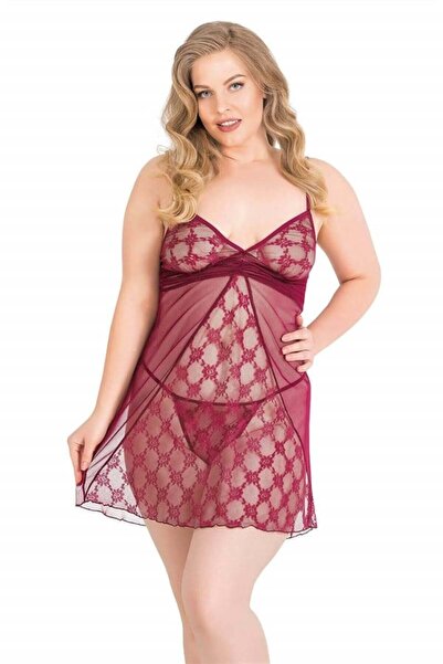 CHI'LA Collection Cămașă de noapte scurtă din tul burgundă de mărime mare