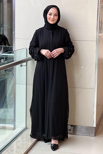 GİZAY Gizay Sleeve Tips Stone Embroidered Chiffon Ferace