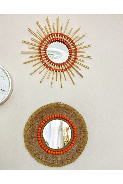 Boncukafası Tasarım Hasır Jüt Ayna 30 Cm Ve Bambu Turuncu 35 Cm Duvar Aynası ...