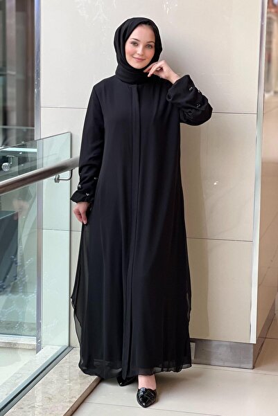 GİZAY Gizay Sleeve Tips Stone Embroidered Chiffon Ferace