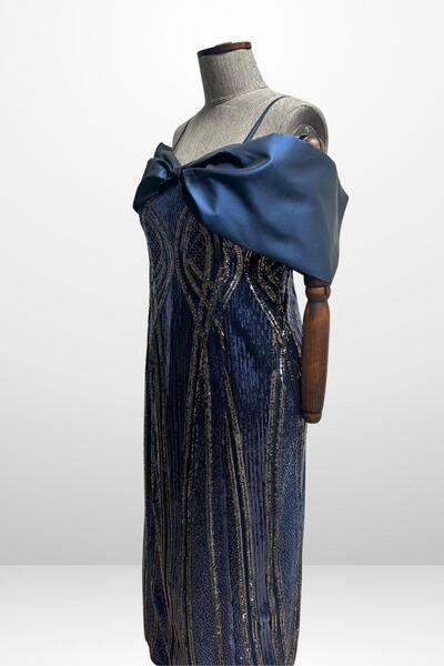 By Saygı Women's Thin Strap Satin Bow Boat Neck Sequin Embroidered Lined Plus Size Midi Dress