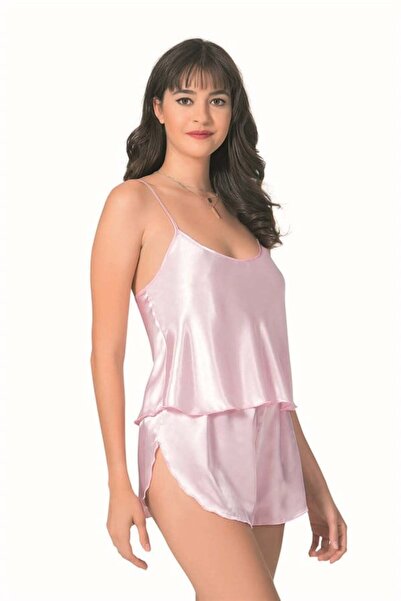 Aria s closet Stylish Design Soft Textured Pink Satin Babydoll Shorts Set - S...