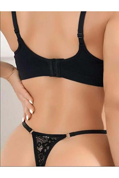 Aesco Siyah Bacak Bantlı Dantelli Fantezi String Tanga