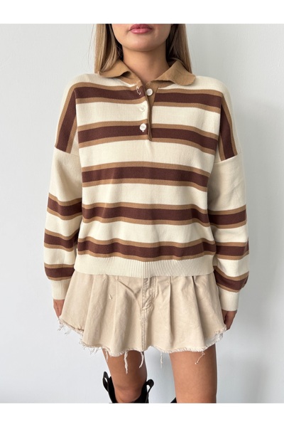 BEJNA Women's Beige Polo Neck Striped Knitwear Sweater