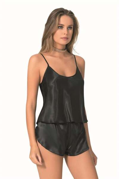 PRIMODA Set pantaloni scurți Babydoll negru satinat