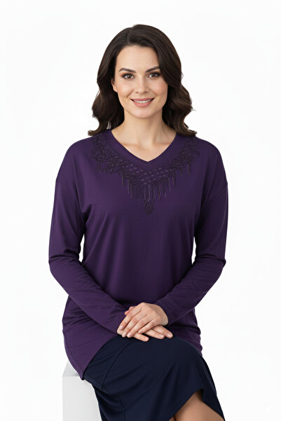 Oppland Kadın Anne Bluz Viskon Penye Kumaş Hafif V Yakalı Kolyem Model Battal Beden Rahat Tam Kalıp