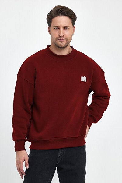 COMBİNE MİCHAİL Erkek Boğazlı Nakışlı Oversize Sweatshirt  BORDO