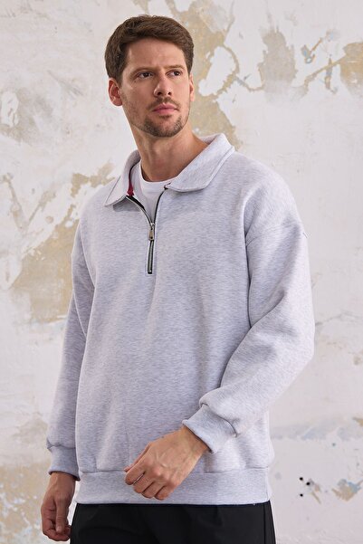 COMBİNE MİCHAİL Чоловічий бавовняний світшот з поларом - напівзастібка-блискавка, вільний крій, Grimelanj