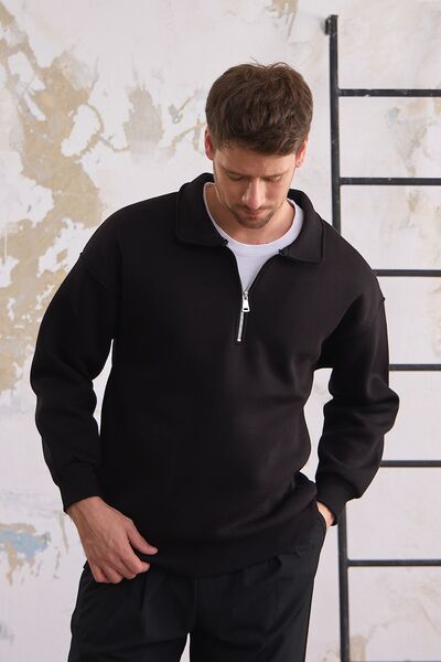 COMBİNE MİCHAİL Мъжки черен суичър - с половин цип, нормална кройка