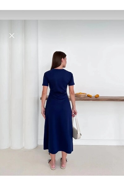 TrendyFashion فستان نسائي من القماش المشروط باللون الأزرق الداكن مع تفاصيل رب...