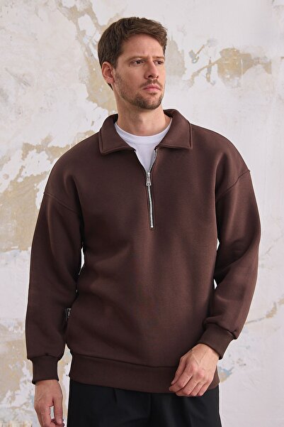 COMBİNE MİCHAİL Férfi normál szabású félcipzáras pulóver - BARNA