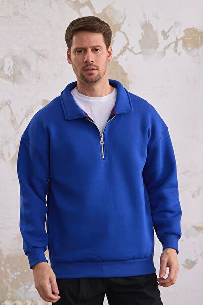 COMBİNE MİCHAİL Erkek Yarım Fermuar Regular Fit Sweatshirt SAKS MAVİ