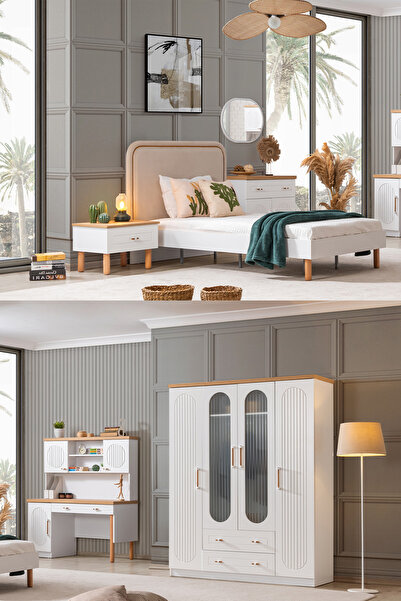 Setay Vita Bohem Genç Odası - 4 Kapaklı Dolap, Karyola, komodin, Çalışma Masası, Şifonyer