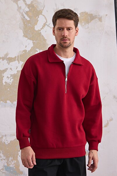 COMBİNE MİCHAİL Men's Red Regular Fit Sweatshirt - Half Zipper