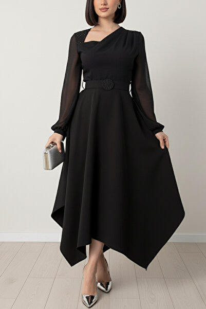 MILANOFOX Asymmetrical Cut Collar and Belt Stone Detailed Chiffon Sleeve Black Dress