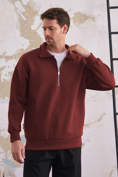 COMBİNE MİCHAİL Men's Regular Fit Half Zipper Sweatshirt - Dried Rose