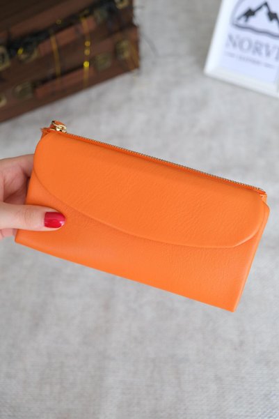 Norvi Leather محفظة نسائية من الجلد الطبيعي مع حجرة للهاتف برتقالية 1055