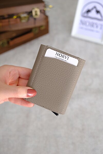 Norvi Leather Mechanical Automatic Genuine Leather Card Holder Mink 1041