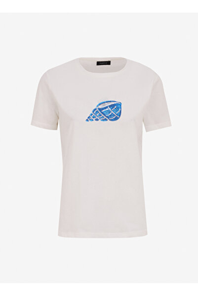 Fabrika Bisiklet Yaka Payetli Kırık Beyaz Kadın T-Shirt F5SL-TST0384