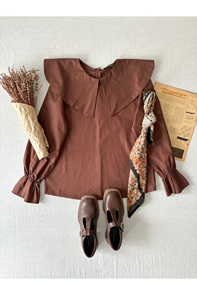 KÜÇÜĞÜM BUTİK Καφέ μπλούζα ποπλίνα με μεγάλο γιακά