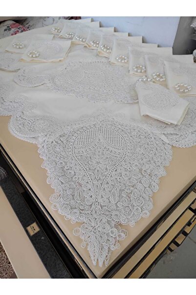 Çt Çeyizci Tekstil 12 Person Linen Fabric Cream Tableware Set - Cluster Tablecloth