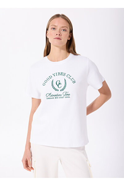 Fabrika Bisiklet Yaka Nakışlı Kırık Beyaz Kadın T-Shirt F5SL-TST0173