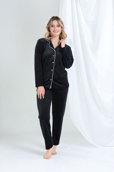 MEBA Black Front Buttoned Velvet Winter Women's Pajama Set