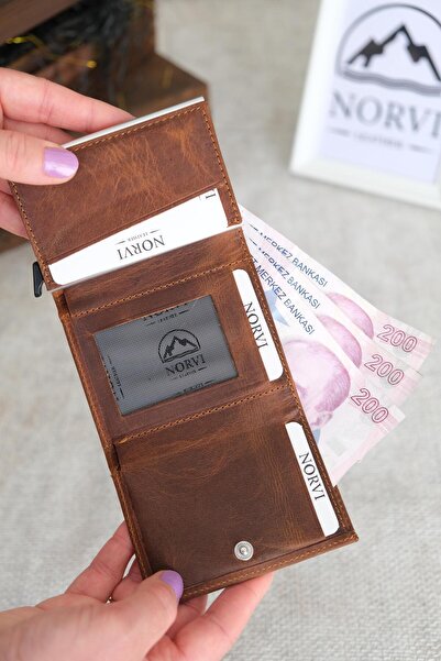 Norvi Leather Mechanism Automatic Genuine Leather Card Holder Hazelnut Color 1041