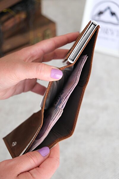 Norvi Leather Mechanism Automatic Genuine Leather Card Holder Hazelnut Color 1041