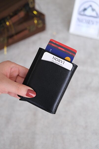 Norvi Leather Mechanism Automatic Genuine Leather Card Holder Black 1041