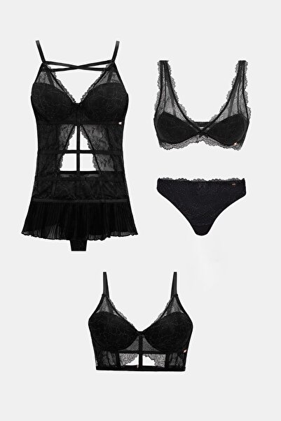 Amarelle Roma Siyah Dantelli Sütyen, Babydoll, Külot 4 Parça Çeyiz Seti